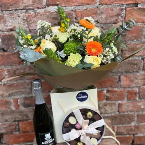 Mother's day hamper with flowers, wine and chocolate available for delivery in Darlington and nationwide. 