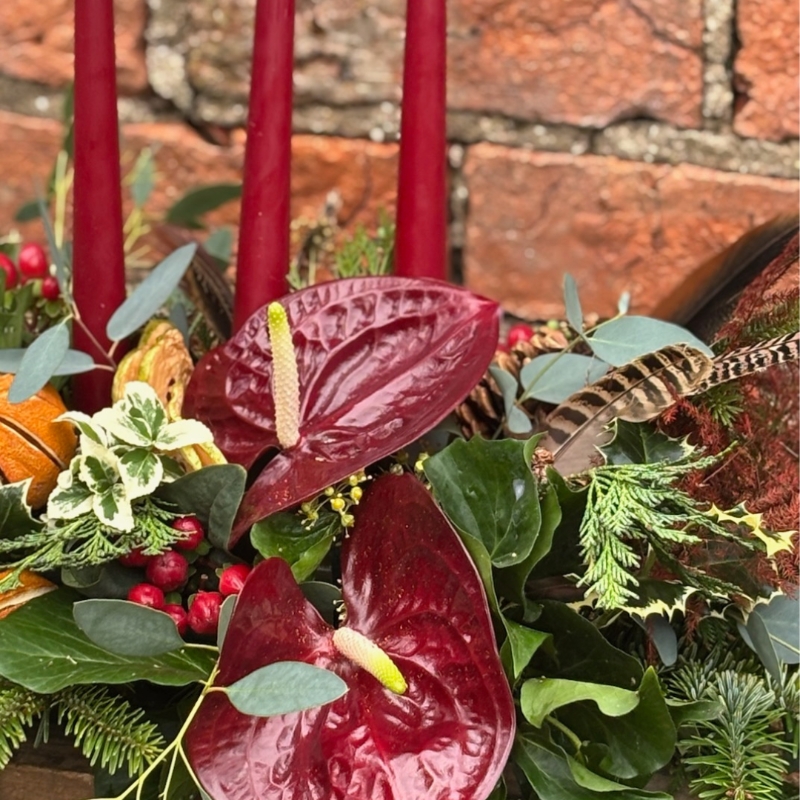 Noël Luxe Christmas table arrangement with red candles anthuriums dried oranges berries pine foliage and a pheasant feather displayed on a rustic table.